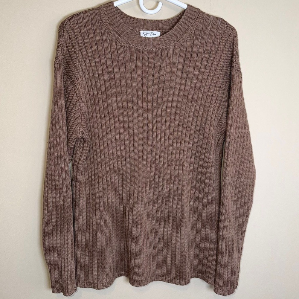 Jessica Simpson Brown Ribbed Crewneck Sweater M Super Soft Cozy Minimalist